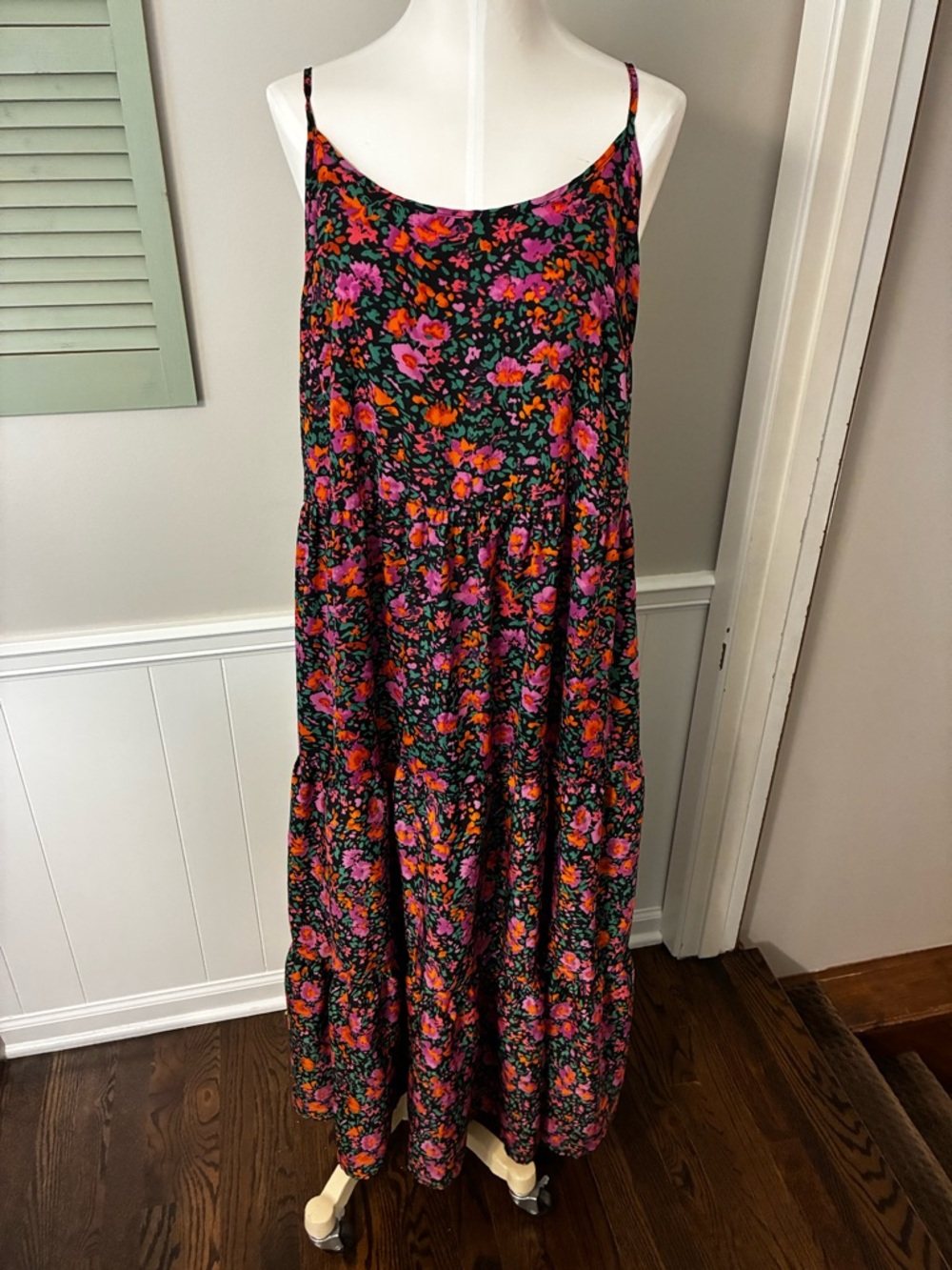 Floral Tiered Maxi Dress - Black with Pink & Orange Floral